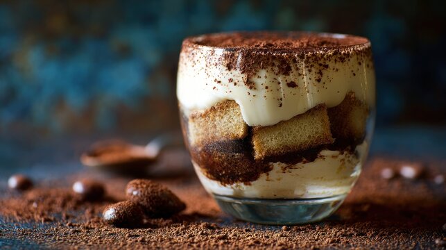 Delicious tiramisu dessert in a glass with cocoa powder sprinkle