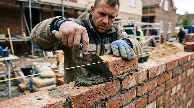 Skilled bricklayer constructing a brick wall carefully.
