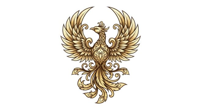 Ornate golden phoenix mythological bird illustration.
