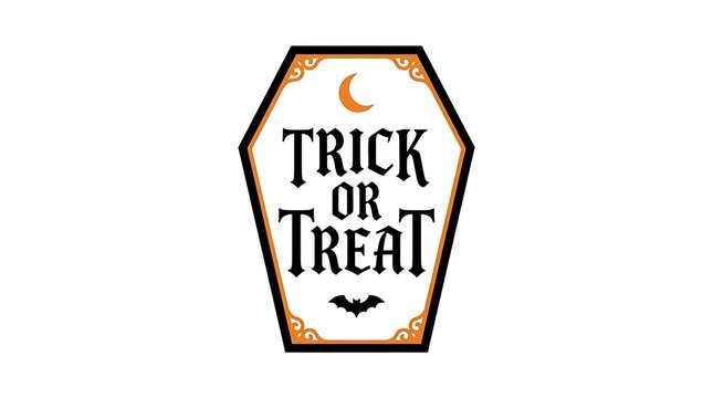 Trick or treat text inside coffin shape with crescent moon and bat