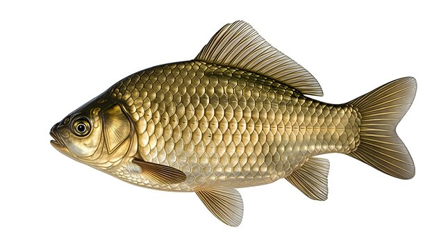 A single isolated golden crucian carp fish on white background.
