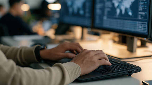 Penetration tester's hands close up typing on a matte keyboard in a crowded open-plan office, dual monitors showing network maps, surrounding chatter irrelevant as focused fingers