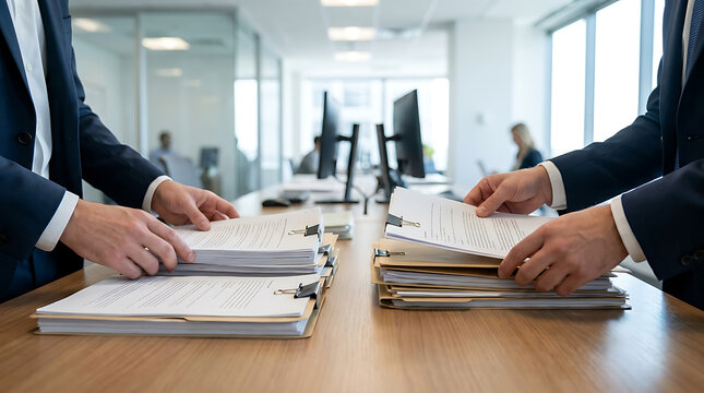 Business Professionals Organizing Legal Documents and Contract Files at Office Desk, Corporate Agreement, Compliance, Administration and Paperwork Concept