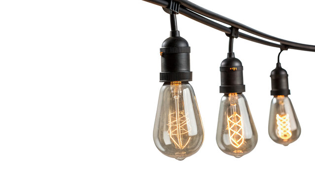 Row of vintage hanging decorative Edison light bulbs isolated on transparent background