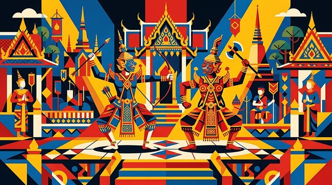 Traditional thai warriors in vibrant geometric temple scene