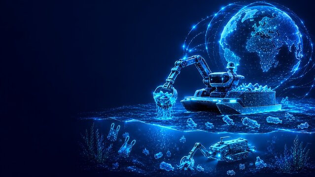 Industrial robotic arm operating on digital globe representing manufacturing and environmental automation.world ozone day with automation industrial manufacturing.world ozone day