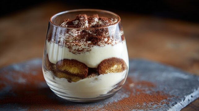 Delicious tiramisu dessert in a glass with cocoa powder top