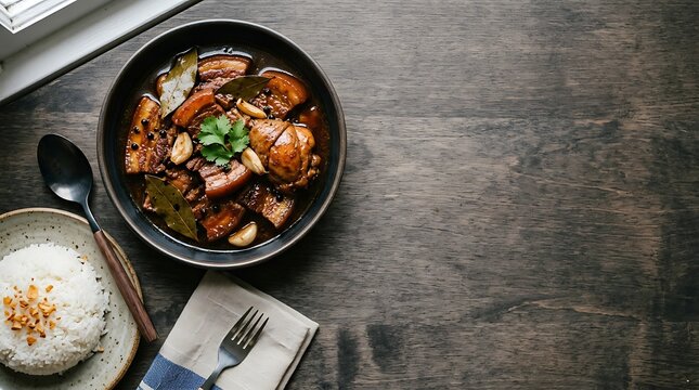 Traditional filipino pork and chicken adobo served with garlic rice
