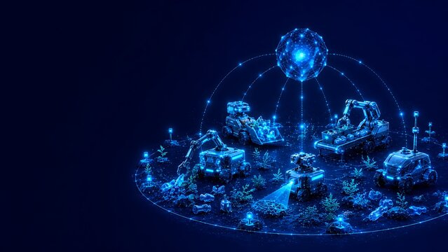 Futuristic digital interface with glowing circular nodes and connected industrial systems.world ozone day interface technology connection circular infrastructure.world ozone day