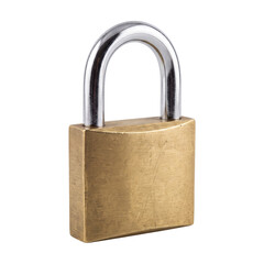 Brass padlock with metal shackle isolated on transparent background