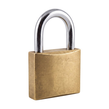 Brass padlock with metal shackle isolated on transparent background