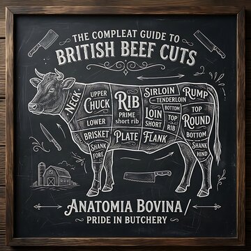 Chalkboard illustration of british beef cuts guide