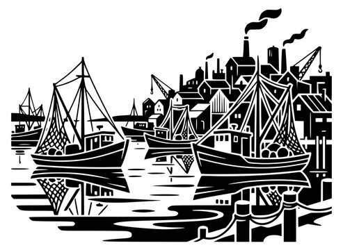 Vintage fishing boats docked at wooden pier in calm harbor waters with rigging and masts