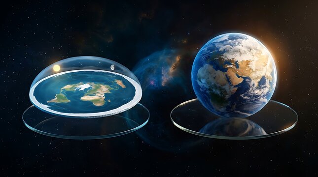 Conceptual 3D rendering contrasting flat earth theory with realistic spherical planet Earth in deep space