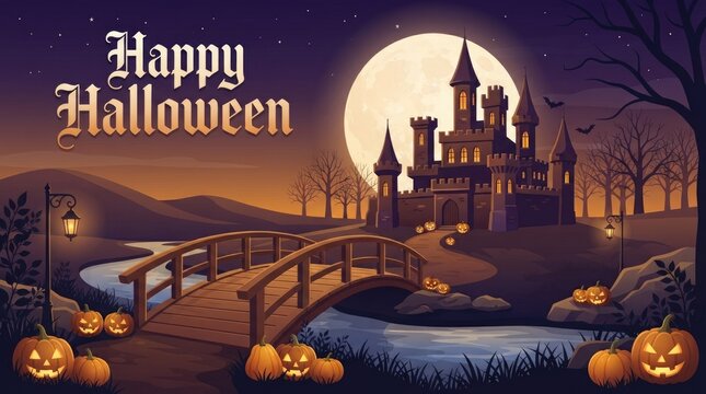 A spooky and enchanting halloween night scene featuring a castle under a full moon