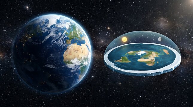 Spherical Earth versus Flat Earth theory concept illustrating two distinct planetary models in vast outer space