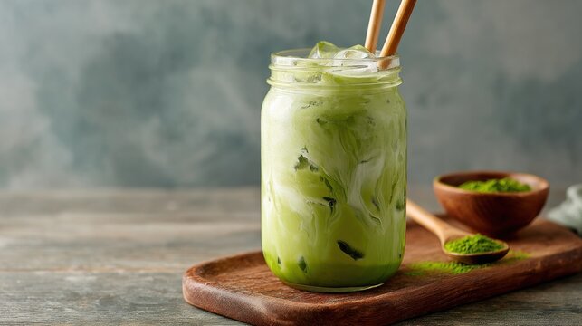 Refreshing matcha latte in glass with ice and bamboo straws