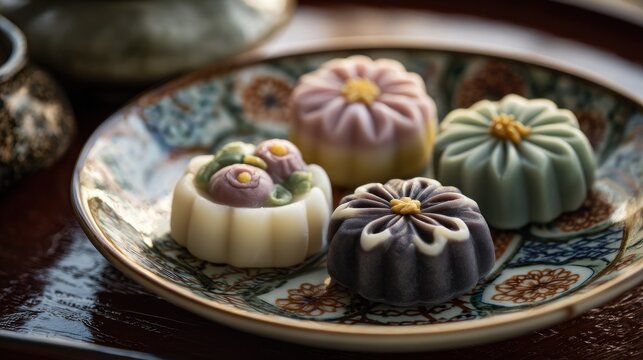 Close up of assorted colorful pastries on a decorative plate