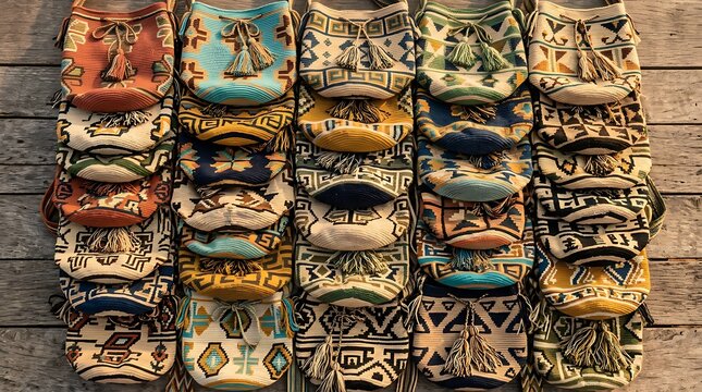 Colorful handmade ethnic mochilas displayed on a rustic wooden floor