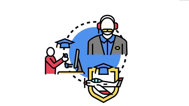 Pilot training concept showing an instructor, a pilot trainee operating a flight simulator joystick, and a light aircraft within a shield, symbolizing education and aviation safety
