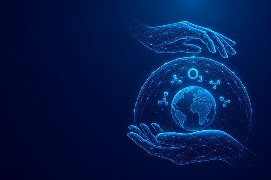 Conceptual illustration of human hands protecting the earth and ozone layer.world ozone day with protection environment sustainability atmosphere conservation abstract.