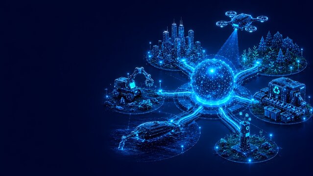 Centralized global network node connecting diverse environmental systems.world ozone day with connectivity environment technology abstract schematic connection.world ozone day