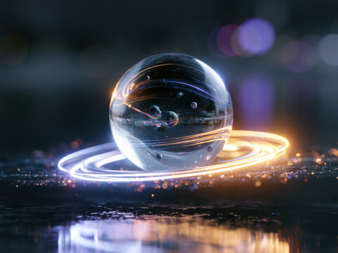 A futuristic 3D object that controls gravity, a transparent crystal sphere containing floating miniature planets, glowing energy rings orbiting around it, impossible alien technology