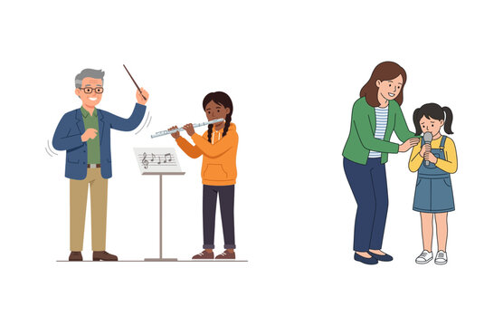 Vector illustration of music teachers giving private flute and vocal singing lessons to young students