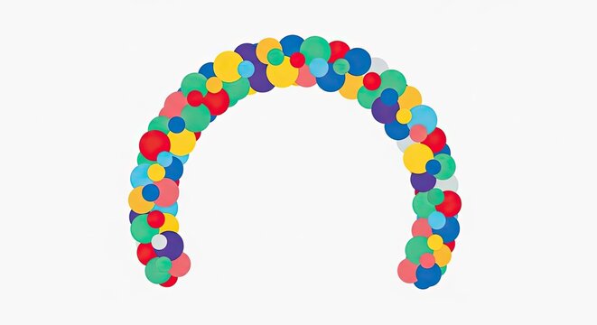 Colorful polka dot balloon arch garland on white background.