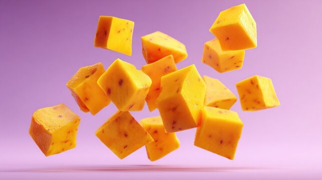 Floating cubes of yellow cheese on a soft purple background