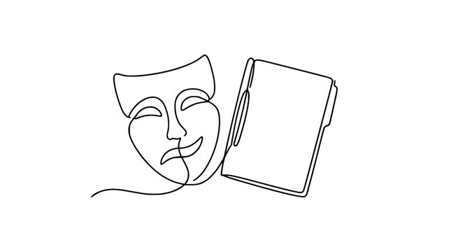 Continuous line drawing of a theatre mask and a book, isolated on white.