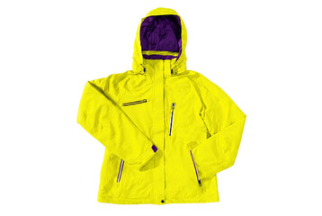 Bright Neon Yellow Waterproof Ski Jacket with Purple Hood Lining © Khalilur