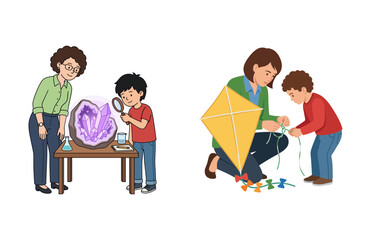Educational activities with children featuring a young boy with crystals and a child flying a kite
