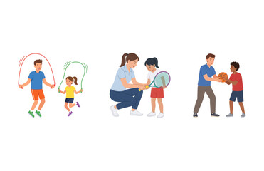 Set of vector illustrations featuring children playing sports and active physical games with instructors