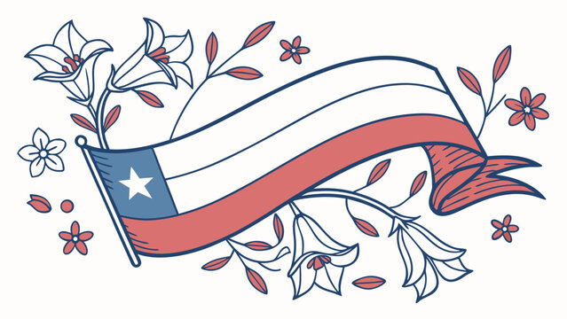 Patriotic chilean flag ribbon with flowers and botanical leaves, elegant national celebration illustration symbolizing chile, culture, independence and heritage