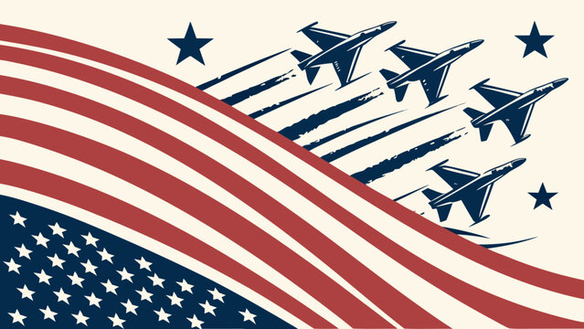 United states air force birthday background with fighter jets, american flag, stars and patriotic red white and blue design celebrating military aviation