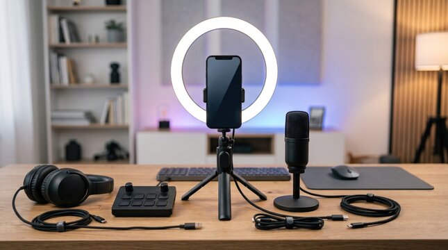 Streaming Setup Essentials: A complete home studio setup for content creation, featuring a smartphone on a tripod, ring light, microphone, headphones, and control interface.