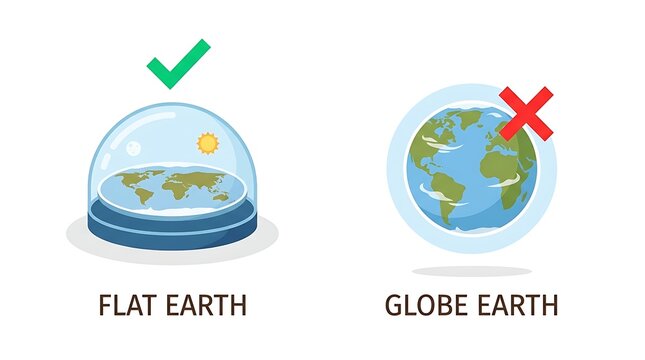 Flat Earth theory model with a protective dome and a sun icon contrasted with a rejected round globe earth concept