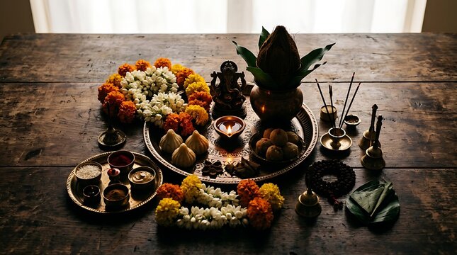 Traditional hindu puja thali with ganesha idol and flowers