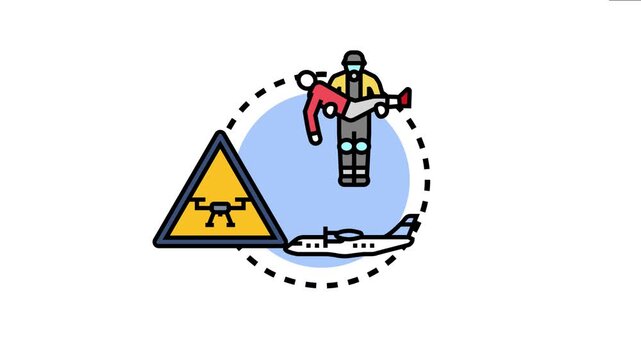 Aviation services advising about airspace operations, drone danger, emergency response, and rescue actions for passenger safety using a flat color