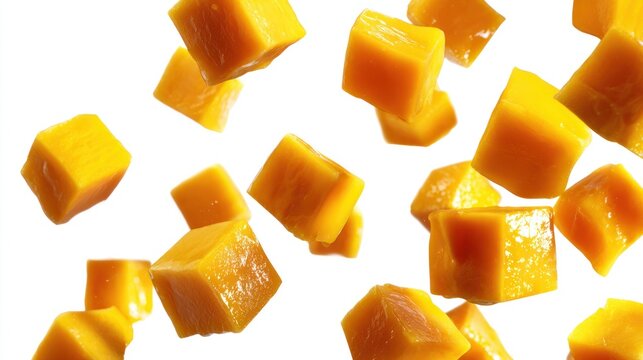 Fresh diced mango fruit pieces isolated against a bright white background