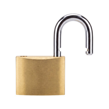 Golden padlock with open shackle isolated on transparent background
