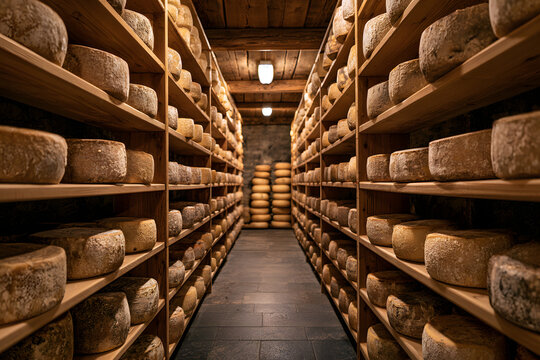 Traditional Cheese Shop Interior Showcasing Cheese Wheels on Shelves in Rustic Atmosphere