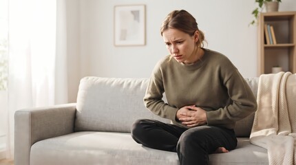 Fototapeta premium Stressed young woman sitting on a sofa feeling intense abdominal pain or stomach discomfort at home