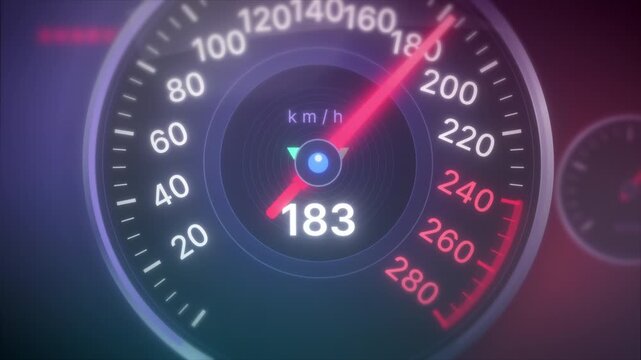 Car speedometer needle sweeps across the dial during a power-on test, rendered in neon cinematic 3D for automotive marketing, tech promos, and advertising.