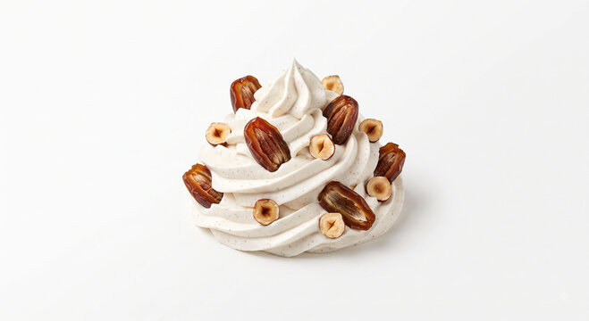 Distant shot of 5 to 10 dates and hazelnuts naturally resting on thick white cinnamon whipped cream