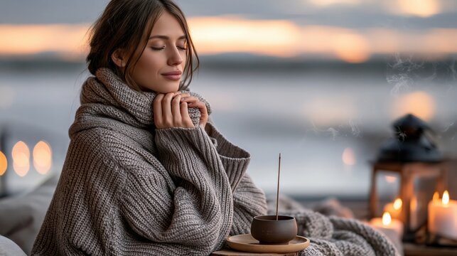 Peaceful woman in warm sweater meditating with candles and incense