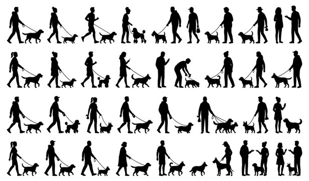 People Walking Dogs Silhouette Collection Men Women Pets on Leash Vector Set
