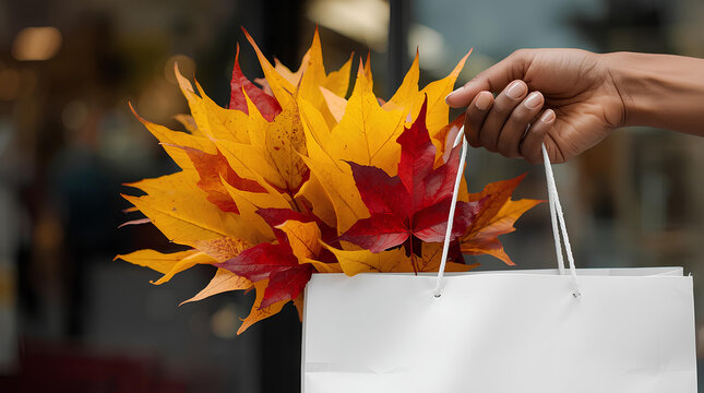 African american hand with autumn white paper shopping bag with yellow leaves in the shop on colorful blurred background, horizontal banner for autumn sale and shopping, free space for text and copy