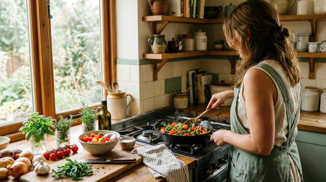 Woman cooking fresh vegetables in a rustic kitchen with natural light